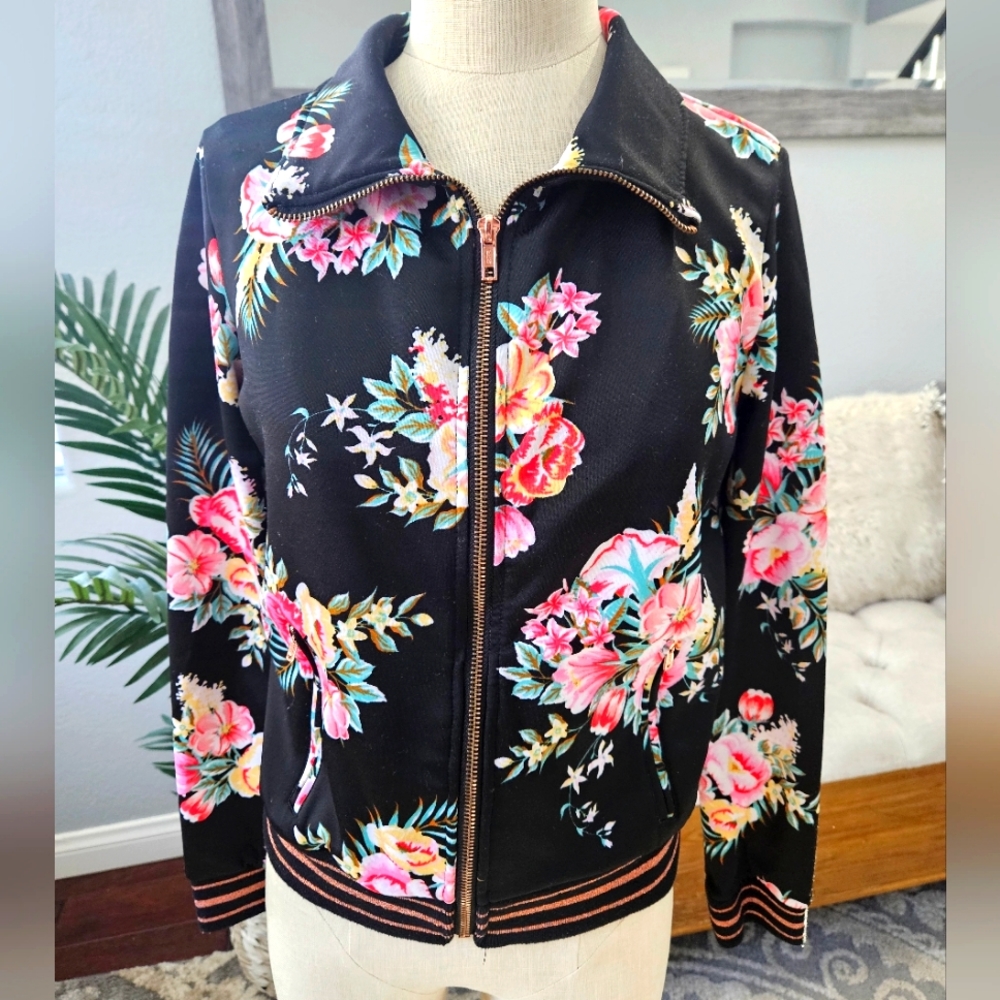 🌸ART CLASS🪻-Polyester Floral zip-up light coat jacket Youth size XL 14-16